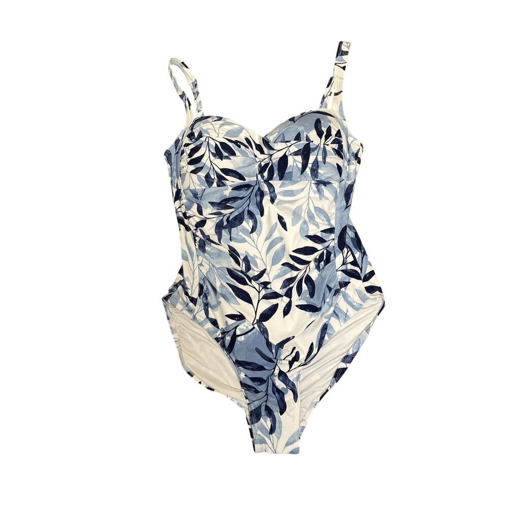 Leaf-Print Blue One-Piece Swimsuit with Supportive Bust